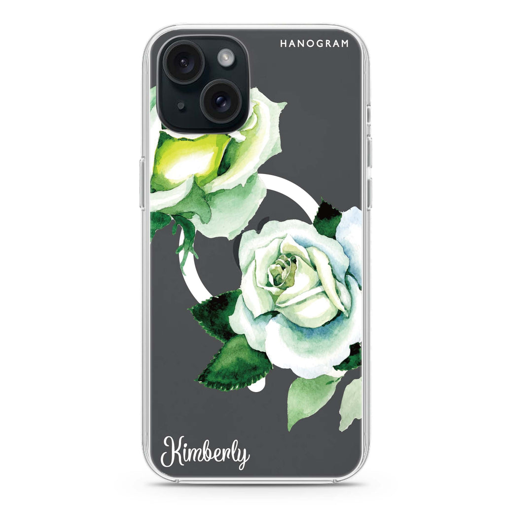 White Rose iPhone 15 Plus Magsafe 兼容水晶透明保護殼