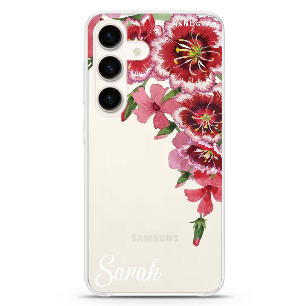 Red watercolour Floral Samsung Galaxy S26/S25/S24 可加名字水晶透明保護殼正面展示