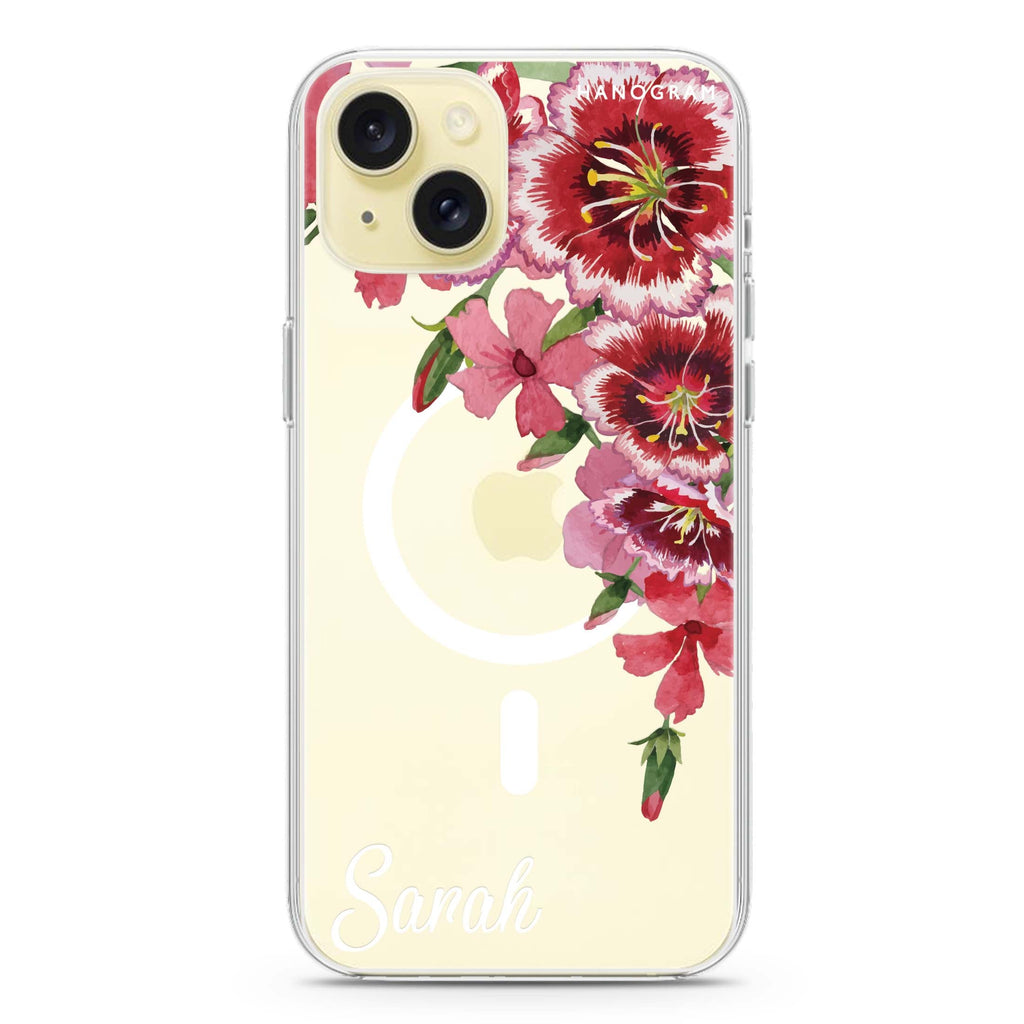 Red watercolour Floral iPhone 15 Plus Magsafe 兼容水晶透明保護殼