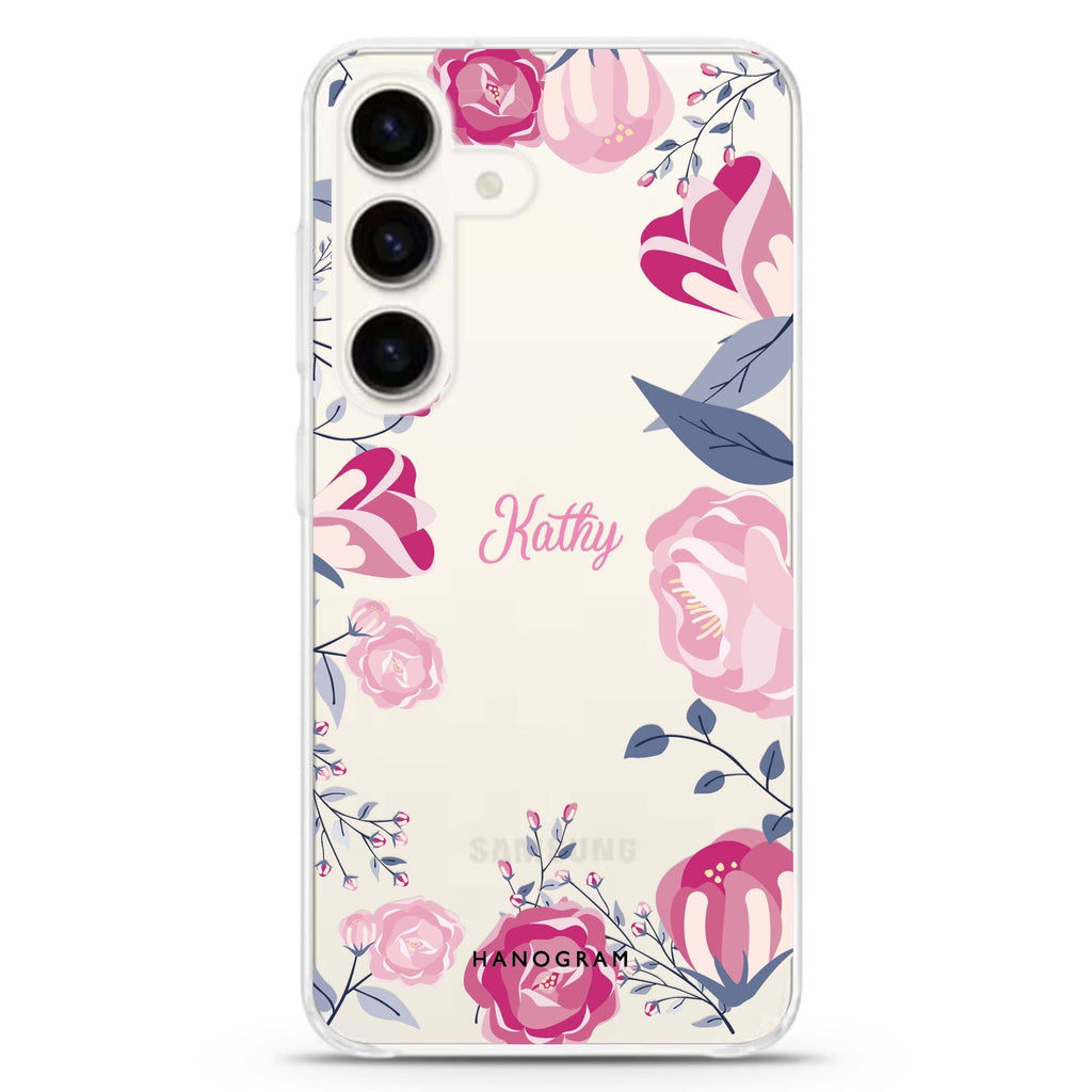 Trendy Flowers Samsung Galaxy S26/S25/S24 可加名字水晶透明保護殼正面展示