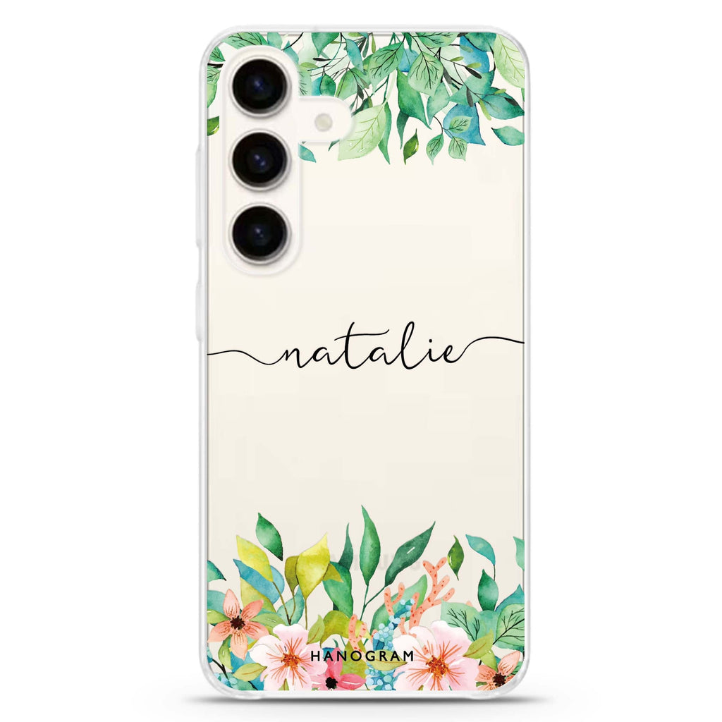 Floral Imagination Samsung Galaxy S26/S25/S24 可加名字水晶透明保護殼正面展示
