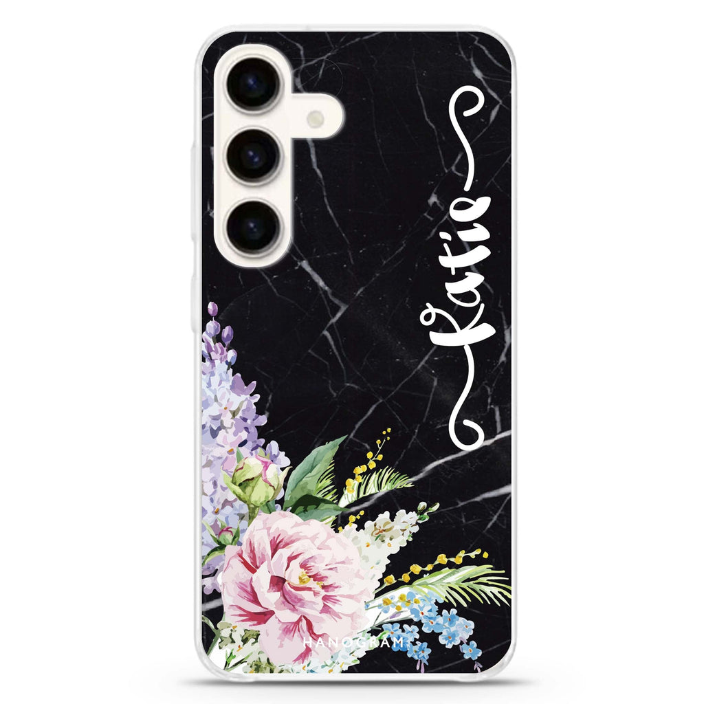 Floral & Black Marble Samsung Galaxy S26/S25/S24 可加名字水晶透明保護殼正面展示