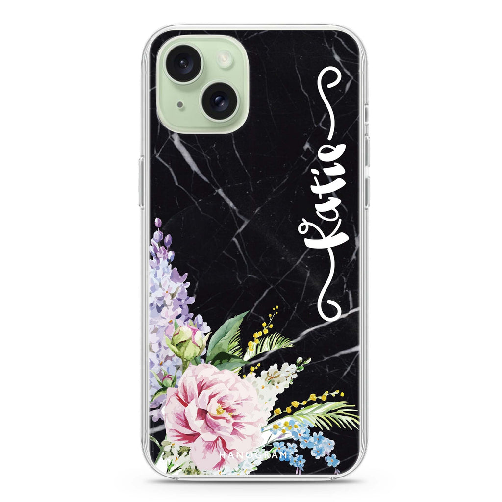 Floral & Black Marble iPhone 15 Magsafe 兼容水晶透明保護殼