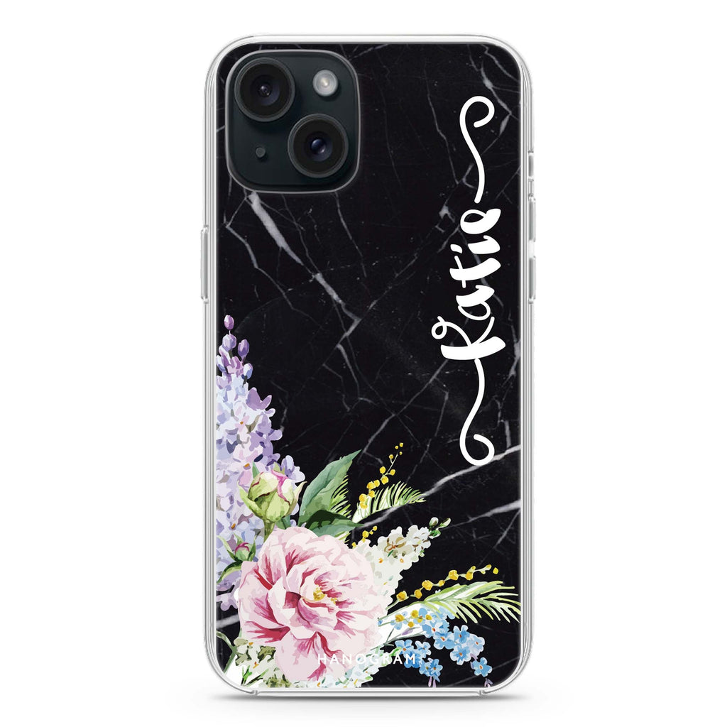 Floral & Black Marble iPhone 15 Plus Magsafe 兼容水晶透明保護殼