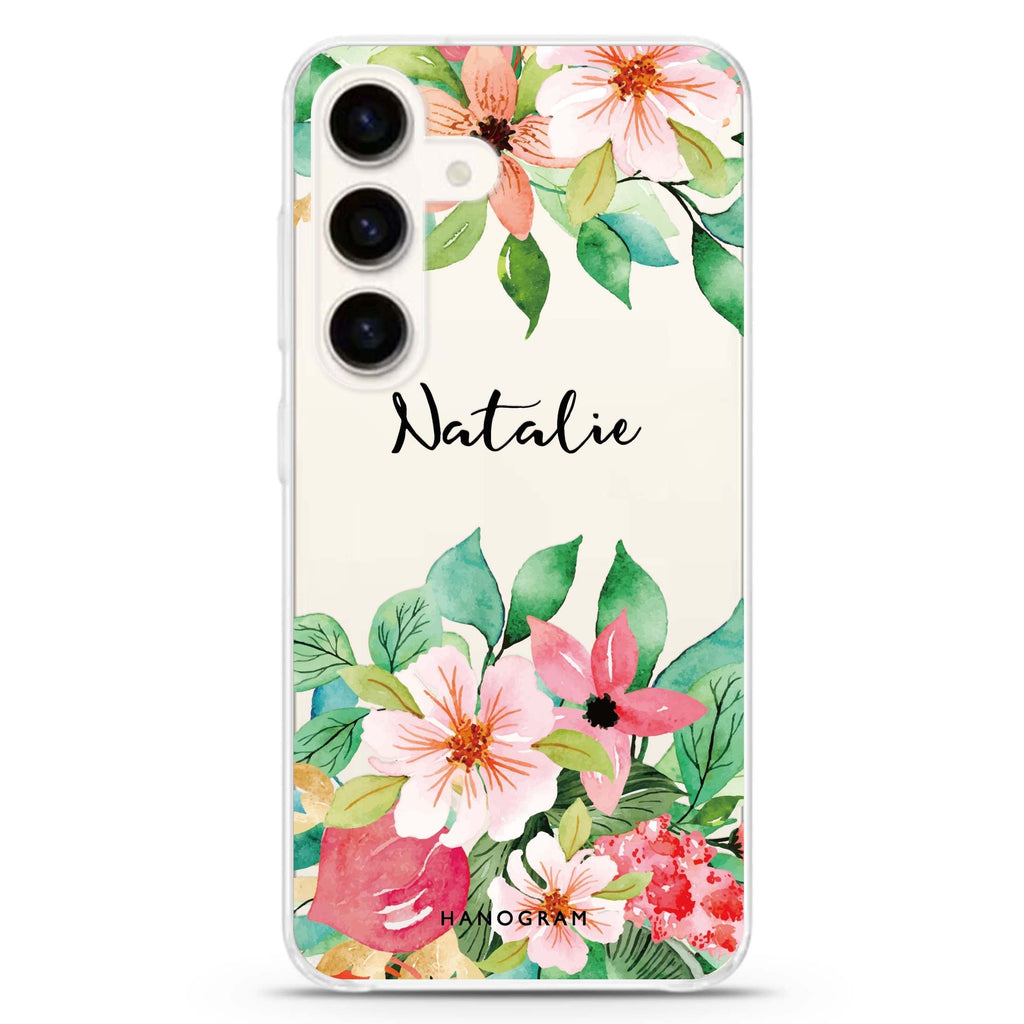 Floral Life Samsung Galaxy S26/S25/S24 可加名字水晶透明保護殼正面展示