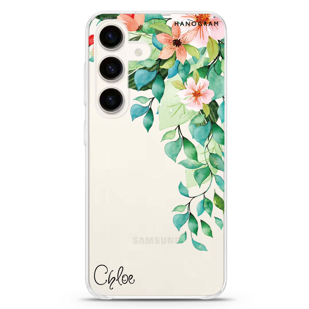 Secret Flower Samsung Galaxy S26/S25/S24 可加名字水晶透明保護殼正面展示