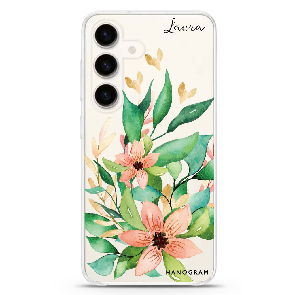 Floral Bloom Samsung Galaxy S26/S25/S24 可加名字水晶透明保護殼正面展示