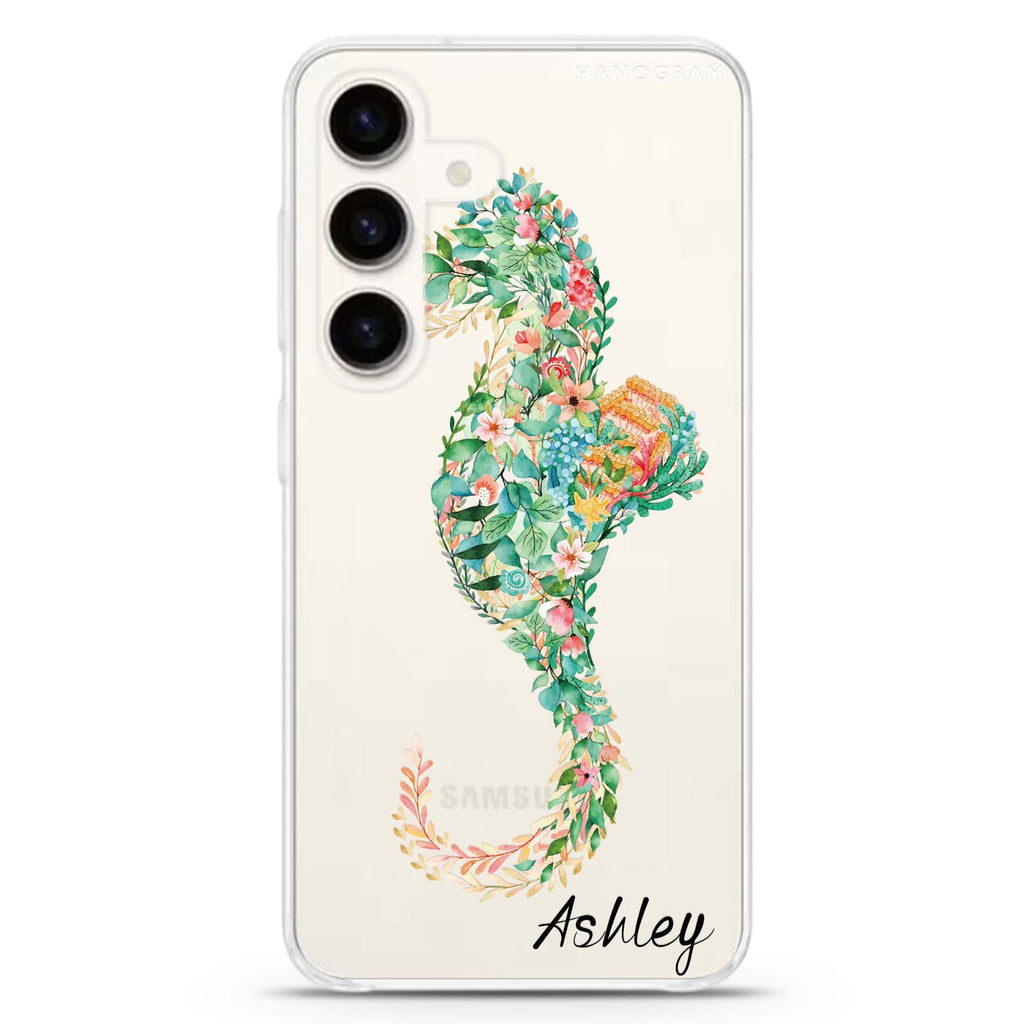 Floral Seahorse Samsung Galaxy S26/S25/S24 可加名字水晶透明保護殼正面展示