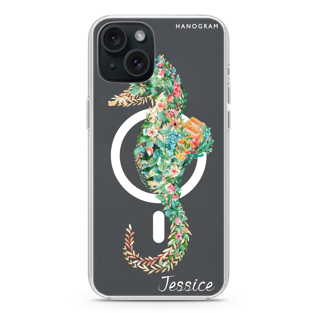 Floral Seahorse iPhone 15 Magsafe 兼容水晶透明保護殼