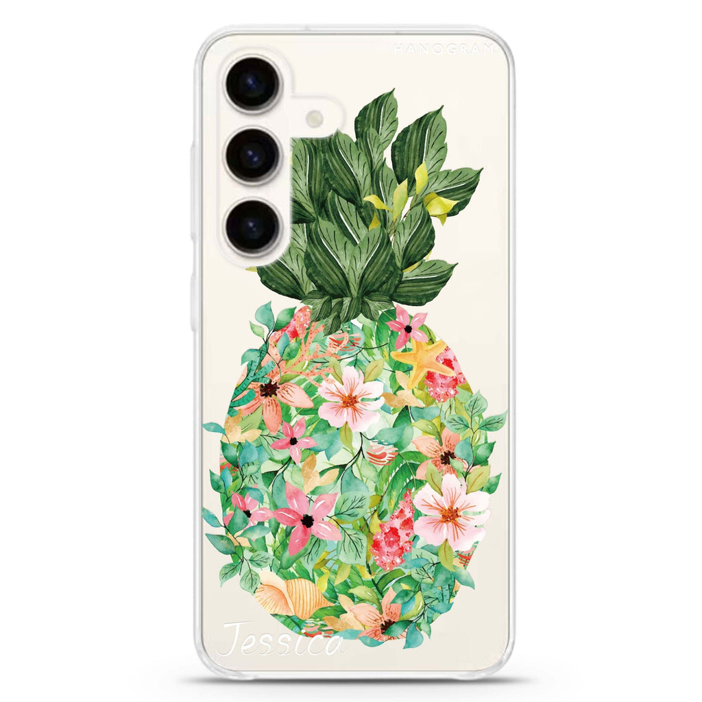 Floral Pineapple Samsung Galaxy S26/S25/S24 可加名字水晶透明保護殼正面展示