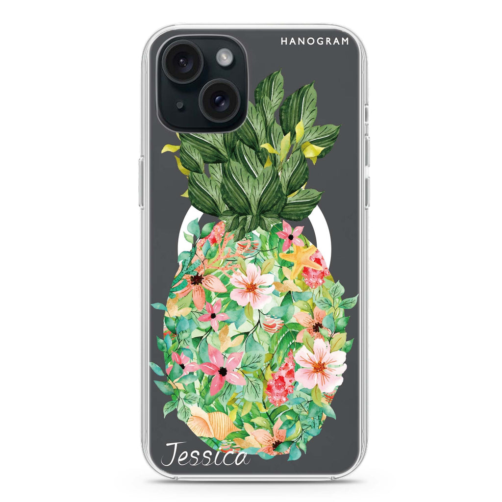 Floral Pineapple iPhone 15 Plus Magsafe 兼容水晶透明保護殼