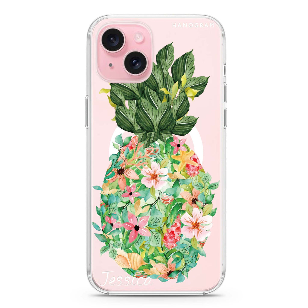 Floral Pineapple iPhone 15 Magsafe 兼容水晶透明保護殼