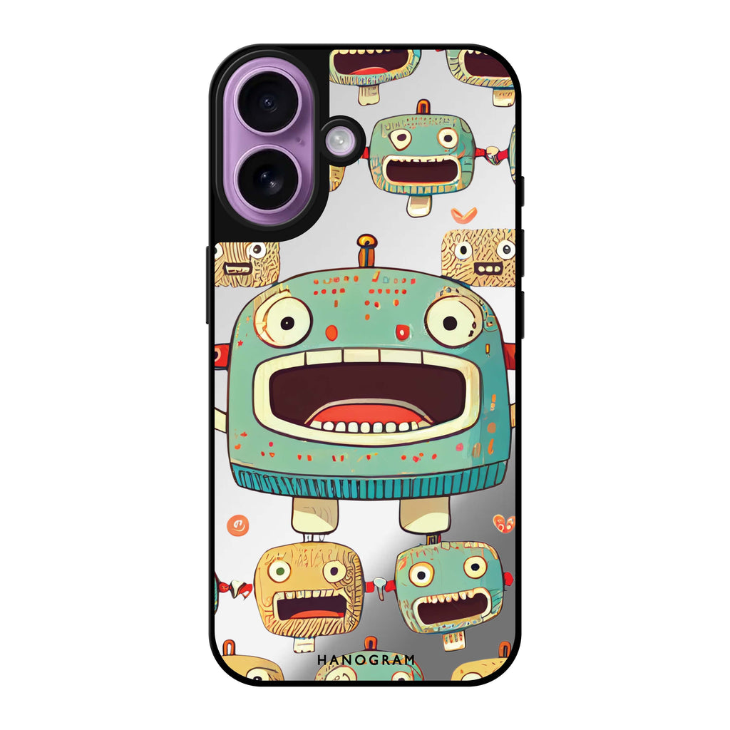 Reflective iPhone 16 Mirror Case –Cute robots Design