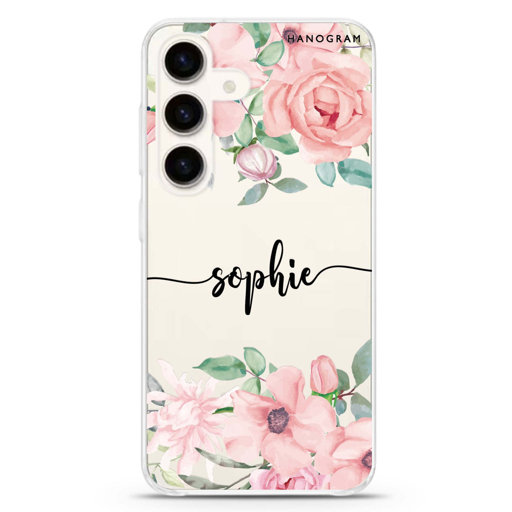 Forever Love Rose Samsung Galaxy S26/S25/S24 可加名字水晶透明保護殼正面展示
