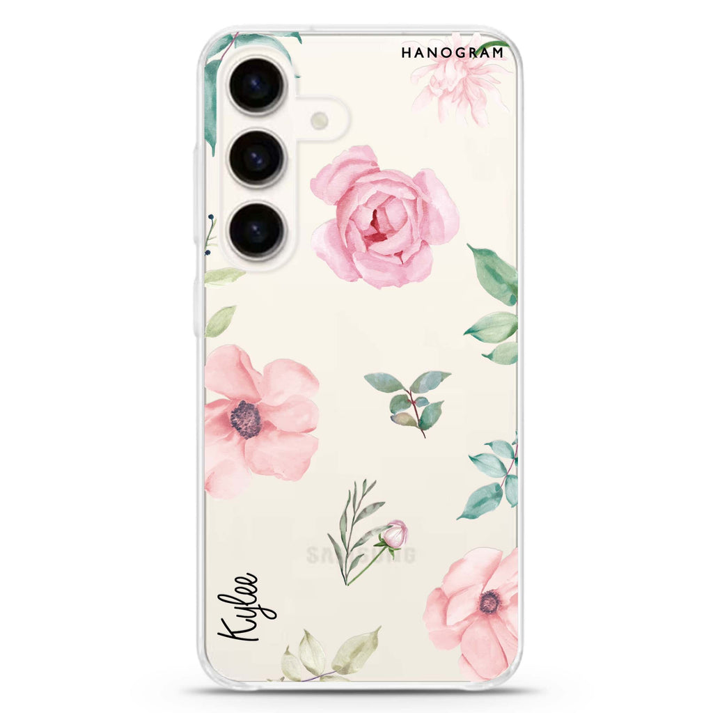 Rose Flower Samsung Galaxy S26/S25/S24 可加名字水晶透明保護殼正面展示