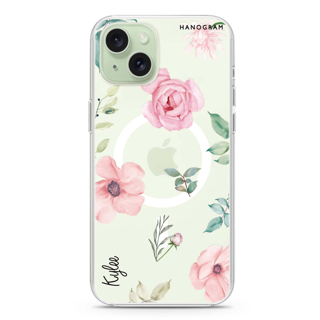 Rose Flower iPhone 15 Plus Magsafe 兼容水晶透明保護殼