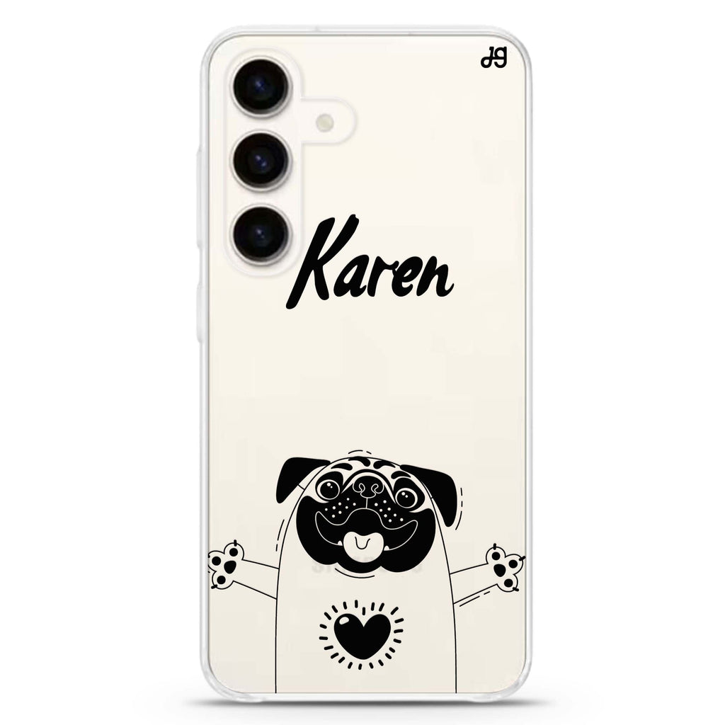 Lovely Pug Samsung Galaxy S26/S25/S24 可加名字水晶透明保護殼正面展示