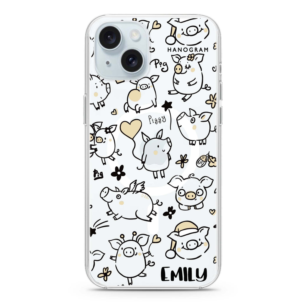 Lovely Piggy iPhone 15 Magsafe 兼容水晶透明保護殼