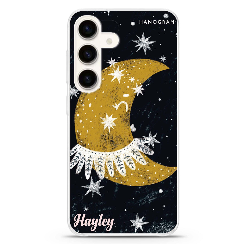 Cute Half Moon Samsung Galaxy S26/S25/S24 可加名字水晶透明保護殼正面展示