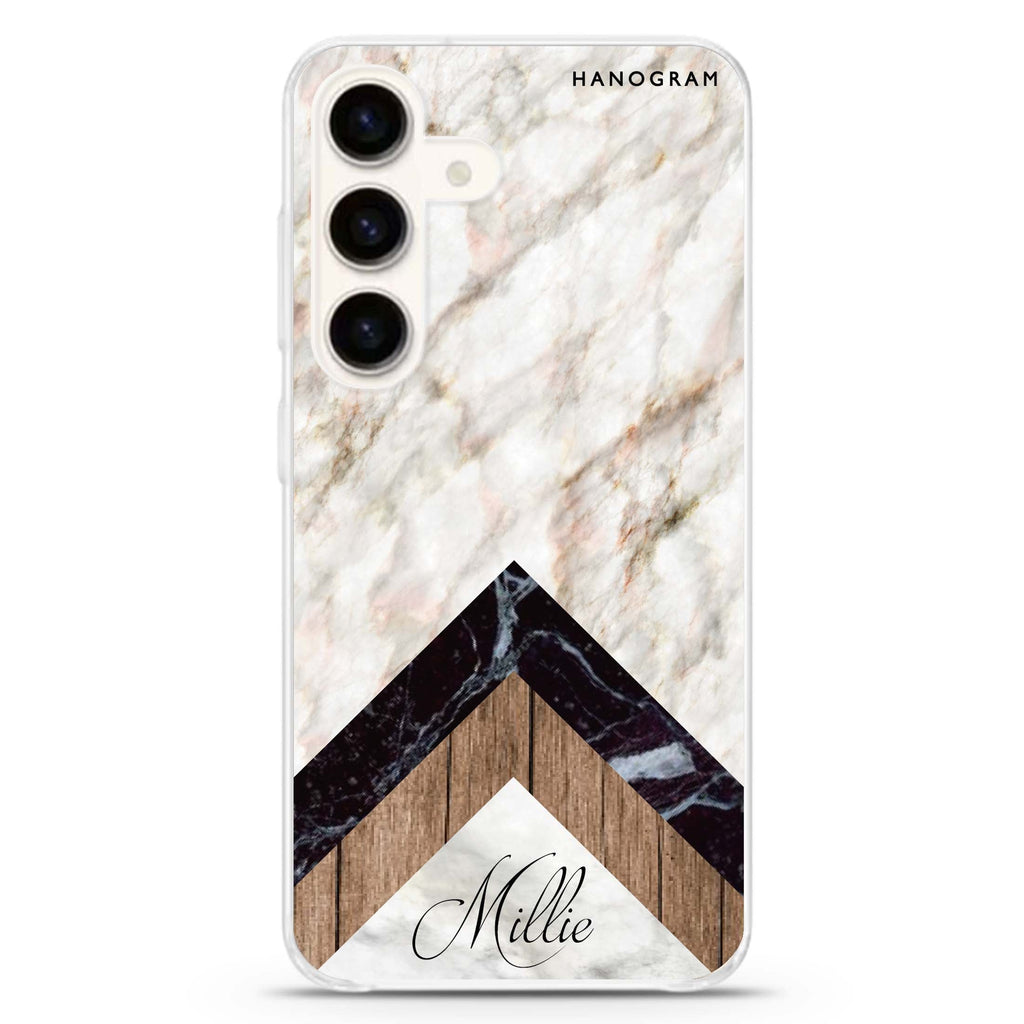 Marble & Wood Samsung Galaxy S26/S25/S24 可加名字水晶透明保護殼正面展示