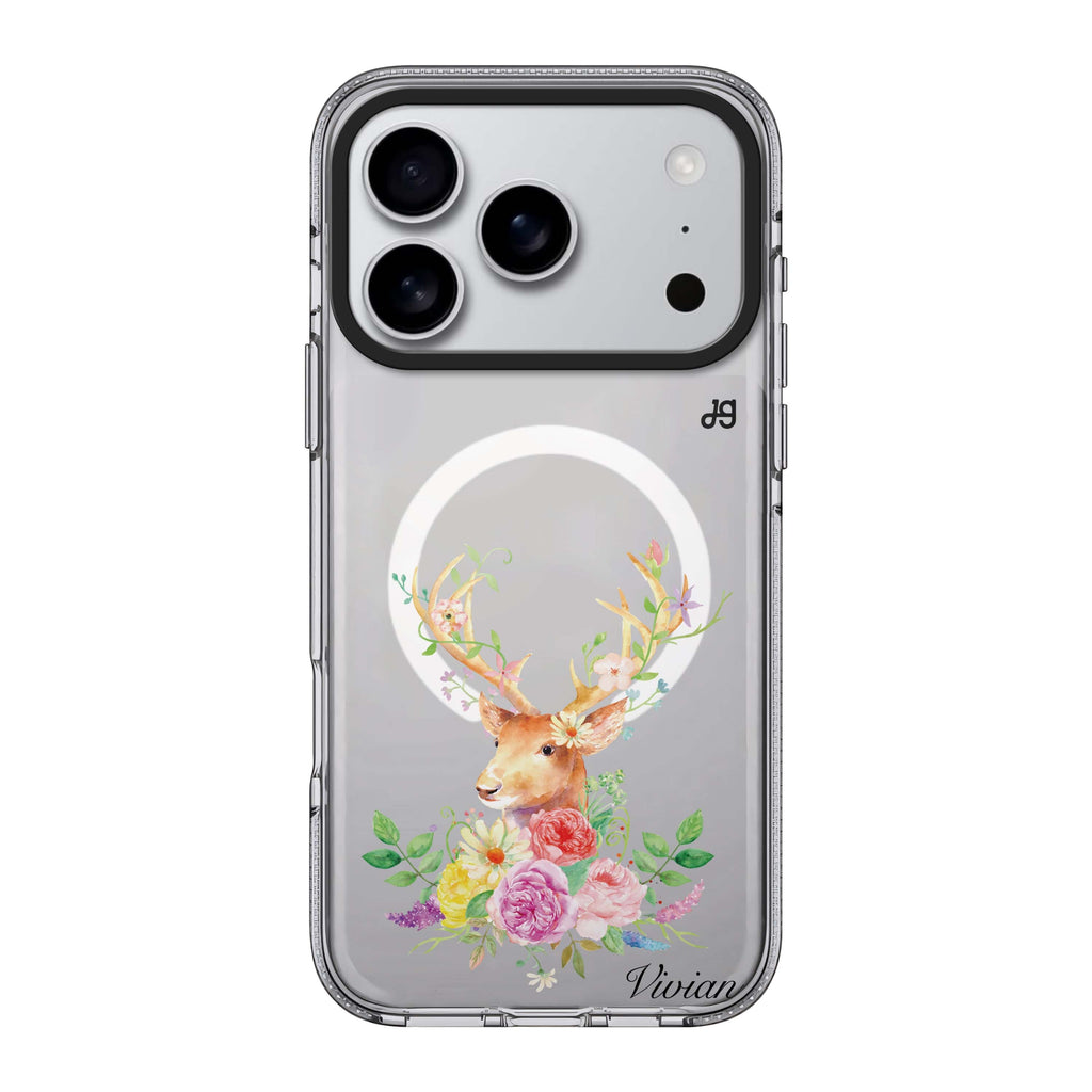 Floral & Deer iPhone 17 Pro Max MagSafe 水晶透明保護殼 小鹿圖案設計 可自訂名字 圖1