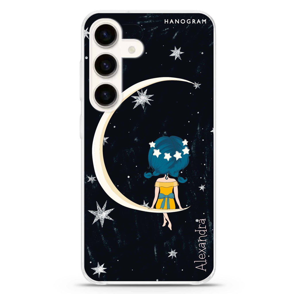 Cute Girl Moon Samsung Galaxy S26/S25/S24 可加名字水晶透明保護殼正面展示