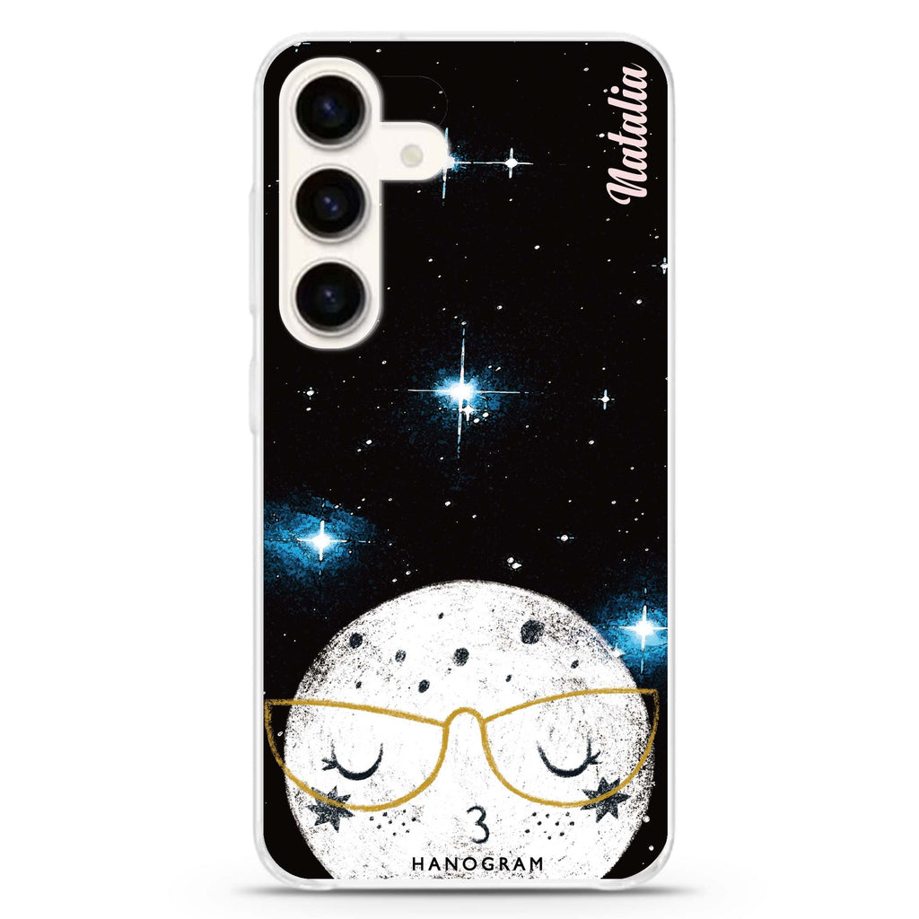 Glasses Moon Samsung Galaxy S26/S25/S24 可加名字水晶透明保護殼正面展示