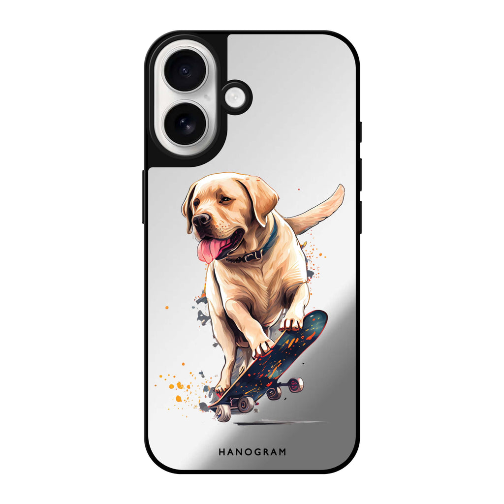 Reflective iPhone 16 Mirror Case –Dog on skateboard Design