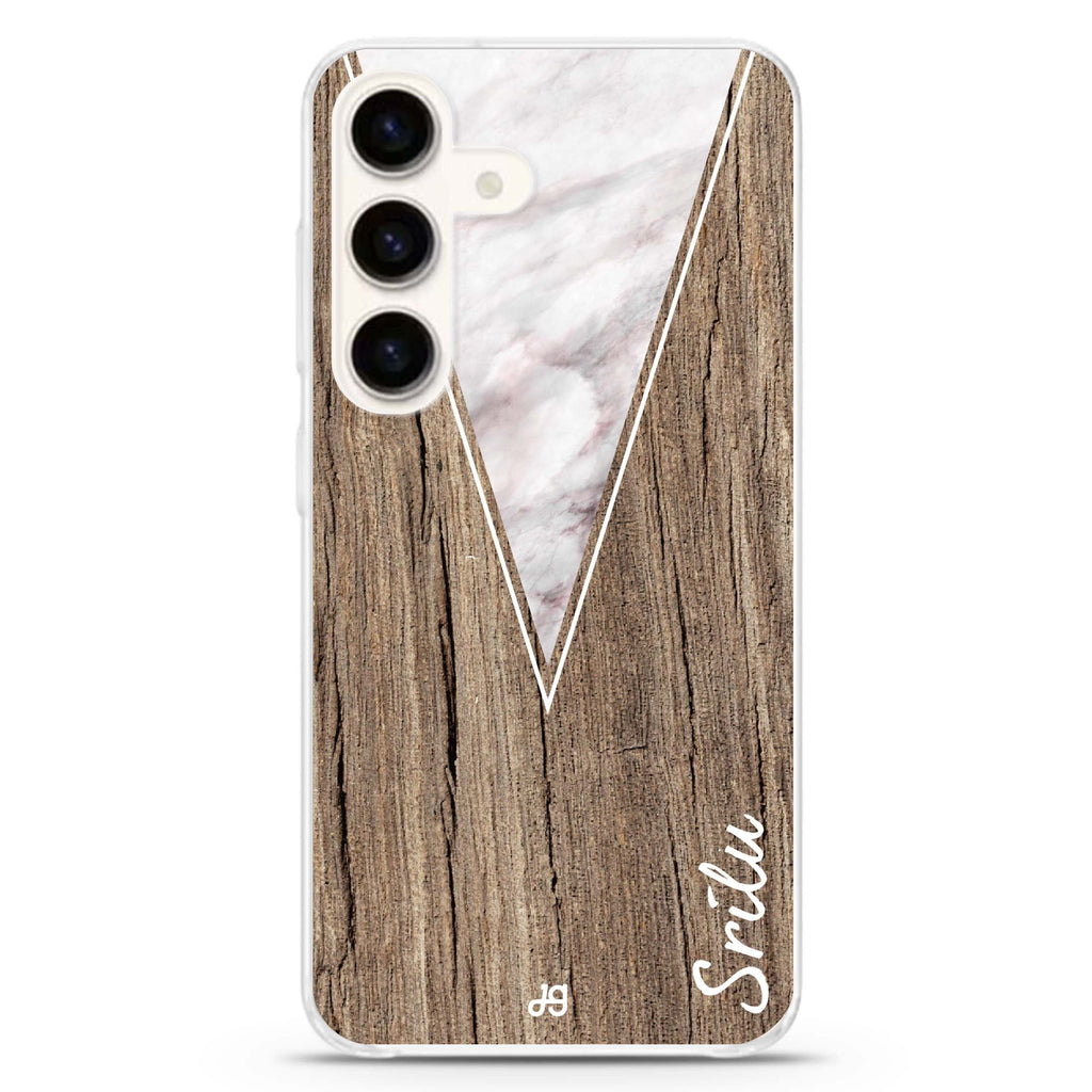Marble & Wood II Samsung Galaxy S26/S25/S24 可加名字水晶透明保護殼正面展示