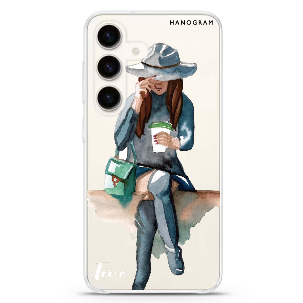 Coffee Girl Samsung Galaxy S26/S25/S24 可加名字水晶透明保護殼正面展示