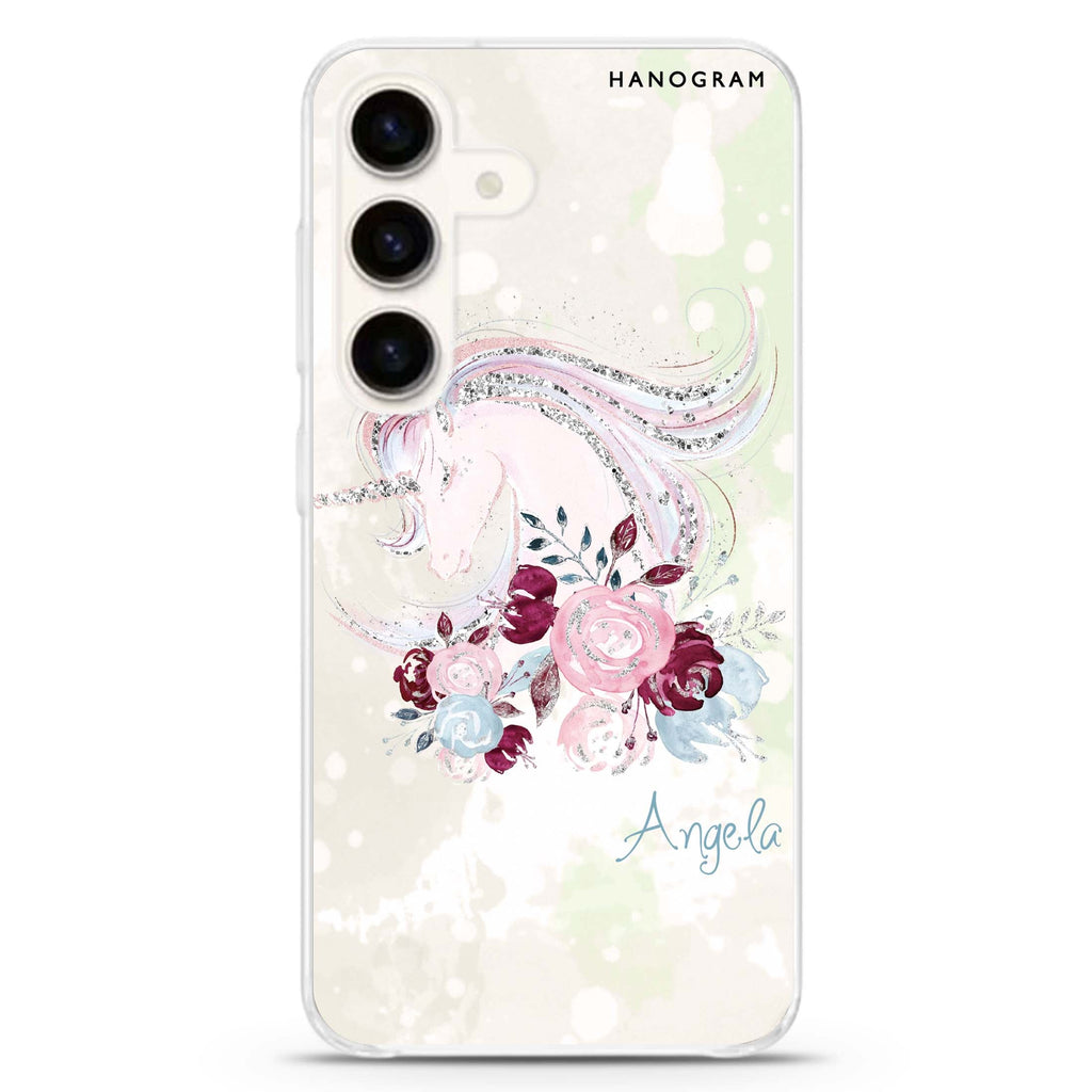 Unicorn & Floral Samsung Galaxy S26/S25/S24 可加名字水晶透明保護殼正面展示