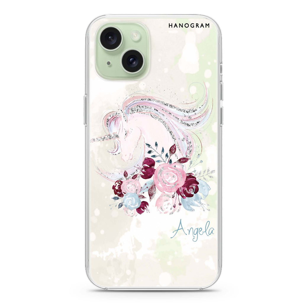 Unicorn & Floral iPhone 15 plus 水晶透明保護殼