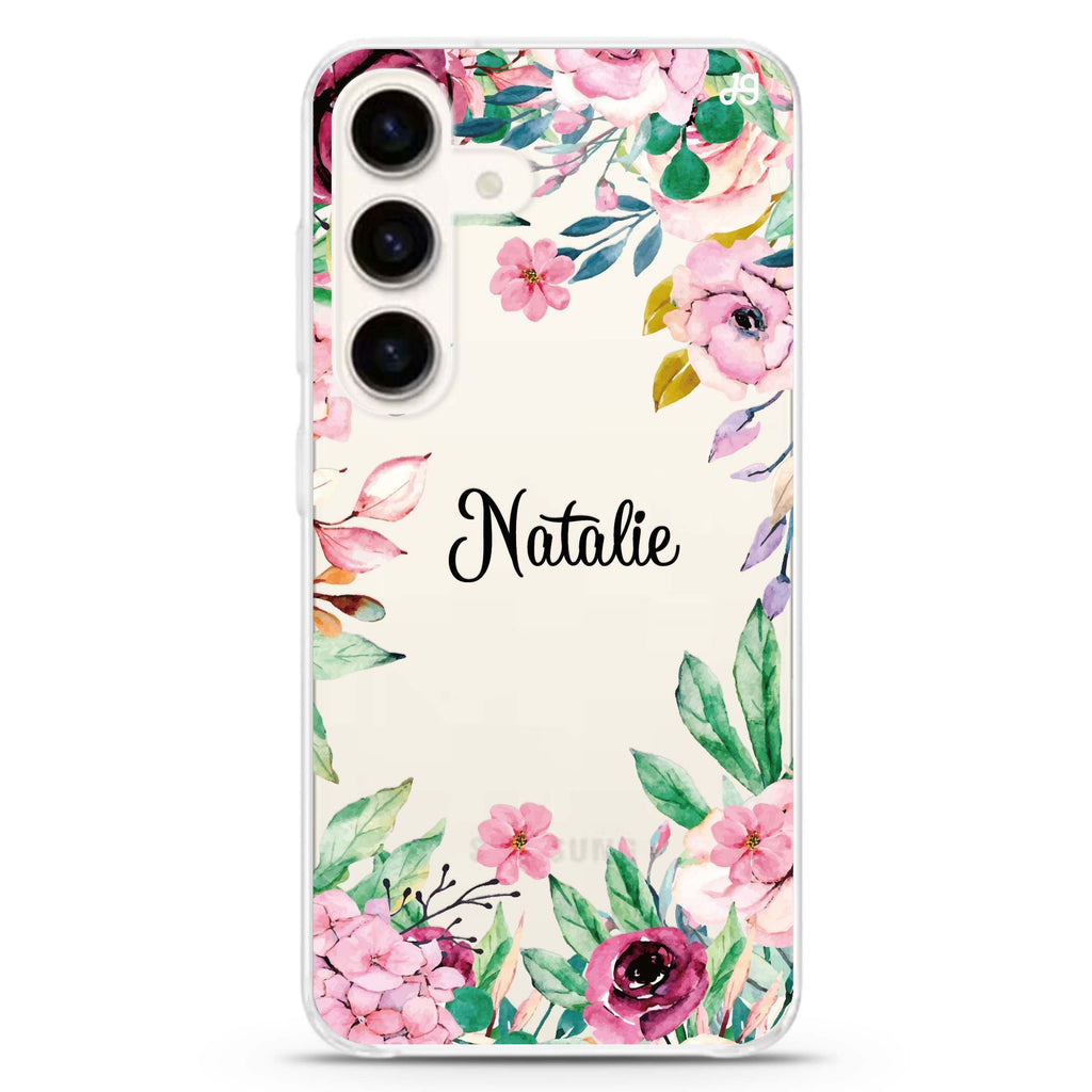 Floral Dream II Samsung Galaxy S26/S25/S24 可加名字水晶透明保護殼正面展示