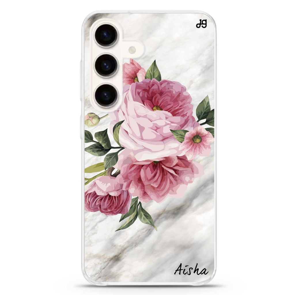 Floral & Marble Samsung Galaxy S26/S25/S24 可加名字水晶透明保護殼正面展示