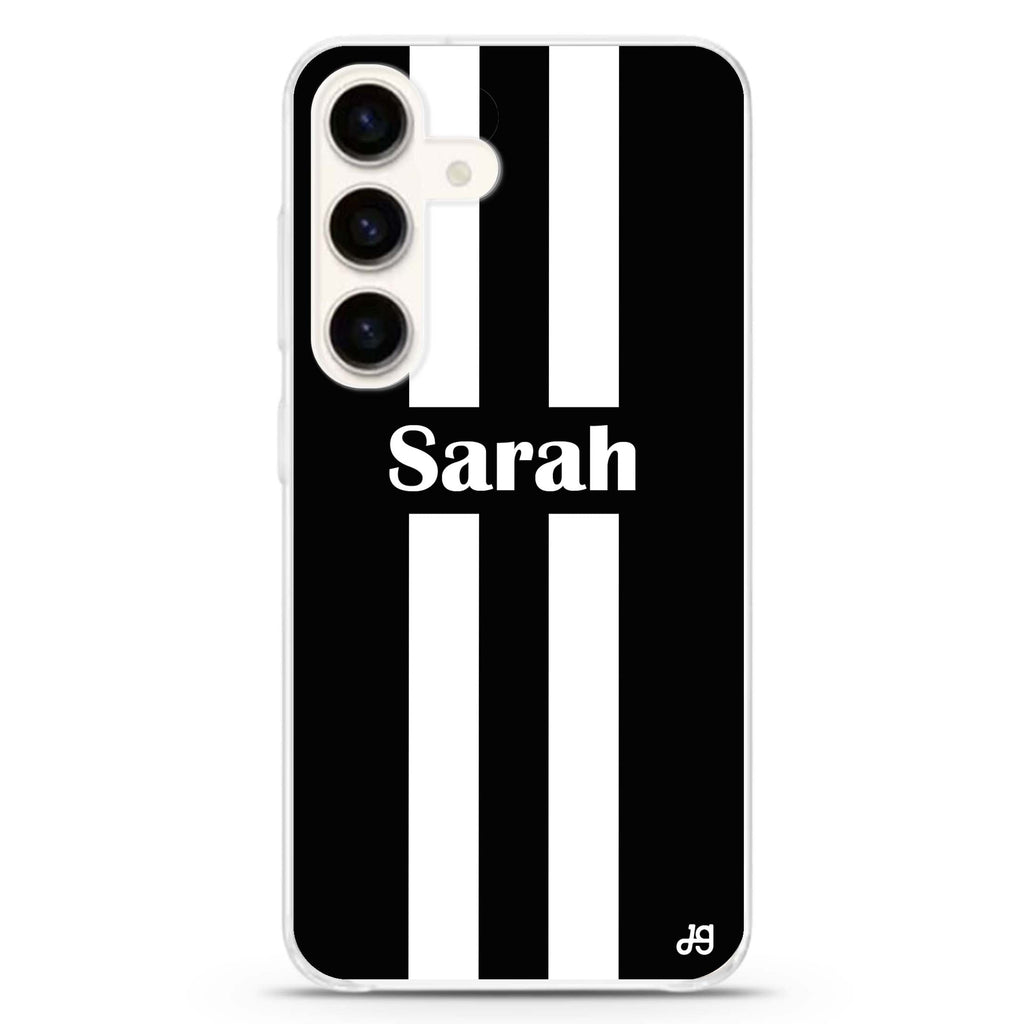 Black and white Stripes Samsung Galaxy S26/S25/S24 可加名字水晶透明保護殼正面展示
