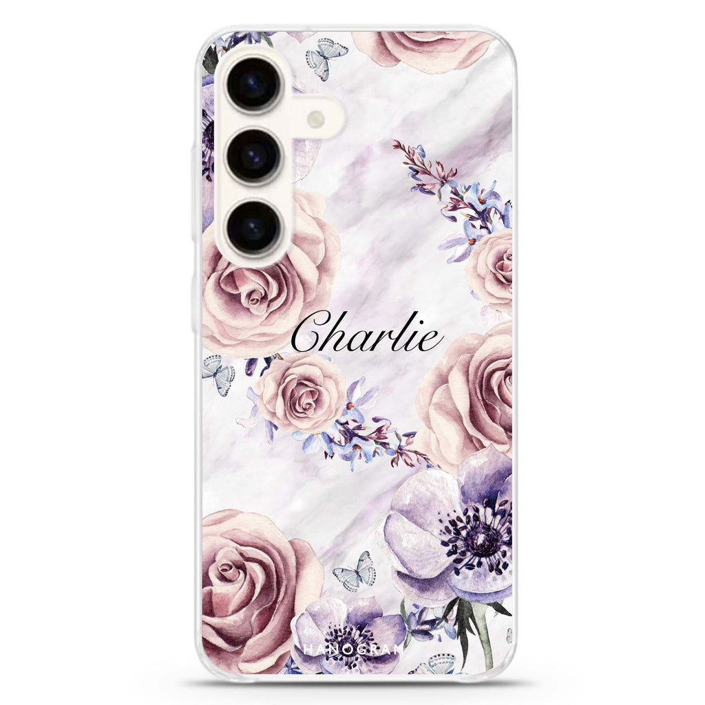 White Marble & Flower Samsung Galaxy S26/S25/S24 可加名字水晶透明保護殼正面展示