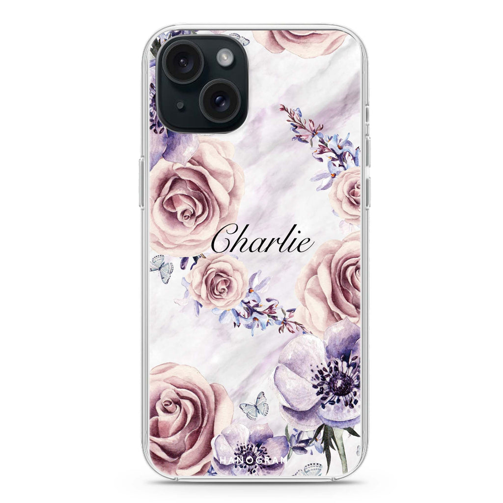 White Marble & Flower iPhone 15 Plus Magsafe 兼容水晶透明保護殼