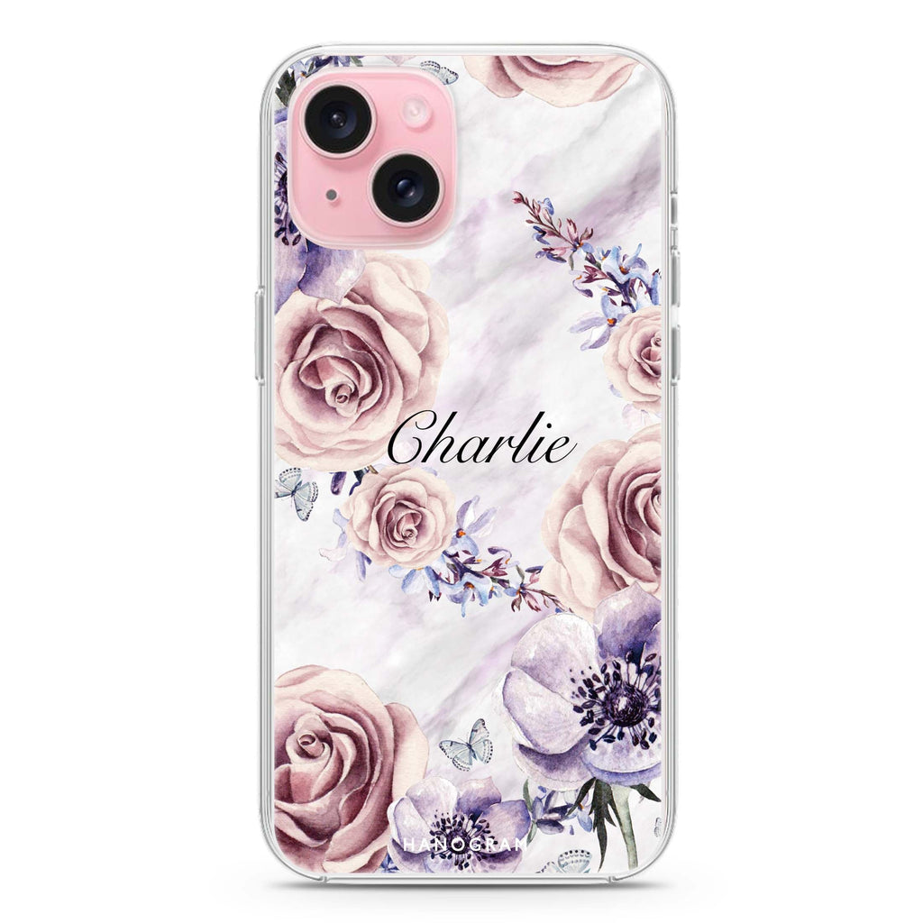 White Marble & Flower iPhone 15 Magsafe 兼容水晶透明保護殼