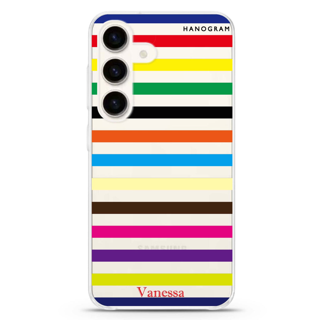 colorful stripe Samsung Galaxy S26/S25/S24 可加名字水晶透明保護殼正面展示