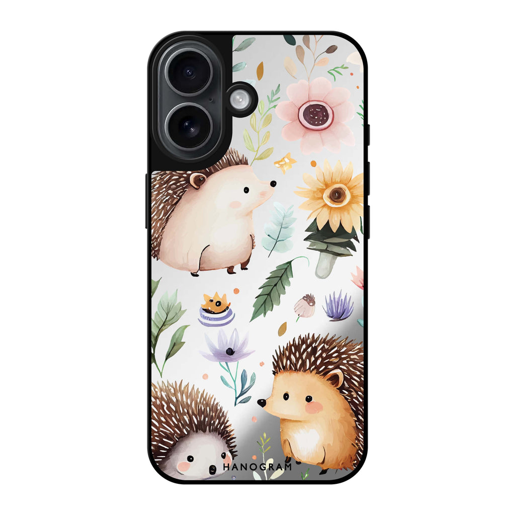 Reflective iPhone 16 Mirror Case –Hedgehog & Floral Design