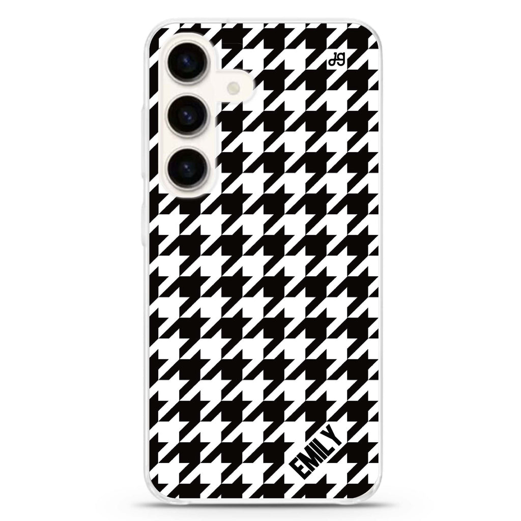 Houndstooth Samsung Galaxy S26/S25/S24 可加名字水晶透明保護殼正面展示