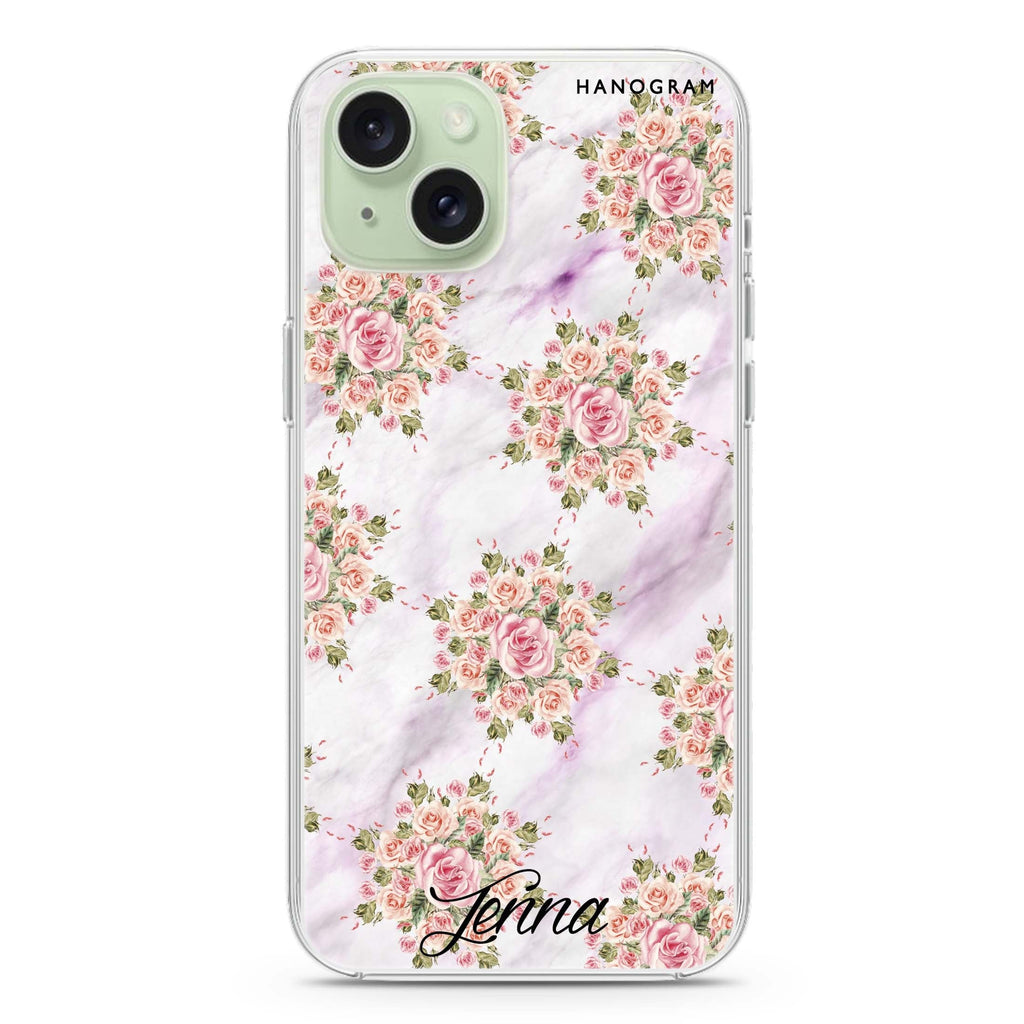Floral & White Marble iPhone 15 Plus Magsafe 兼容水晶透明保護殼