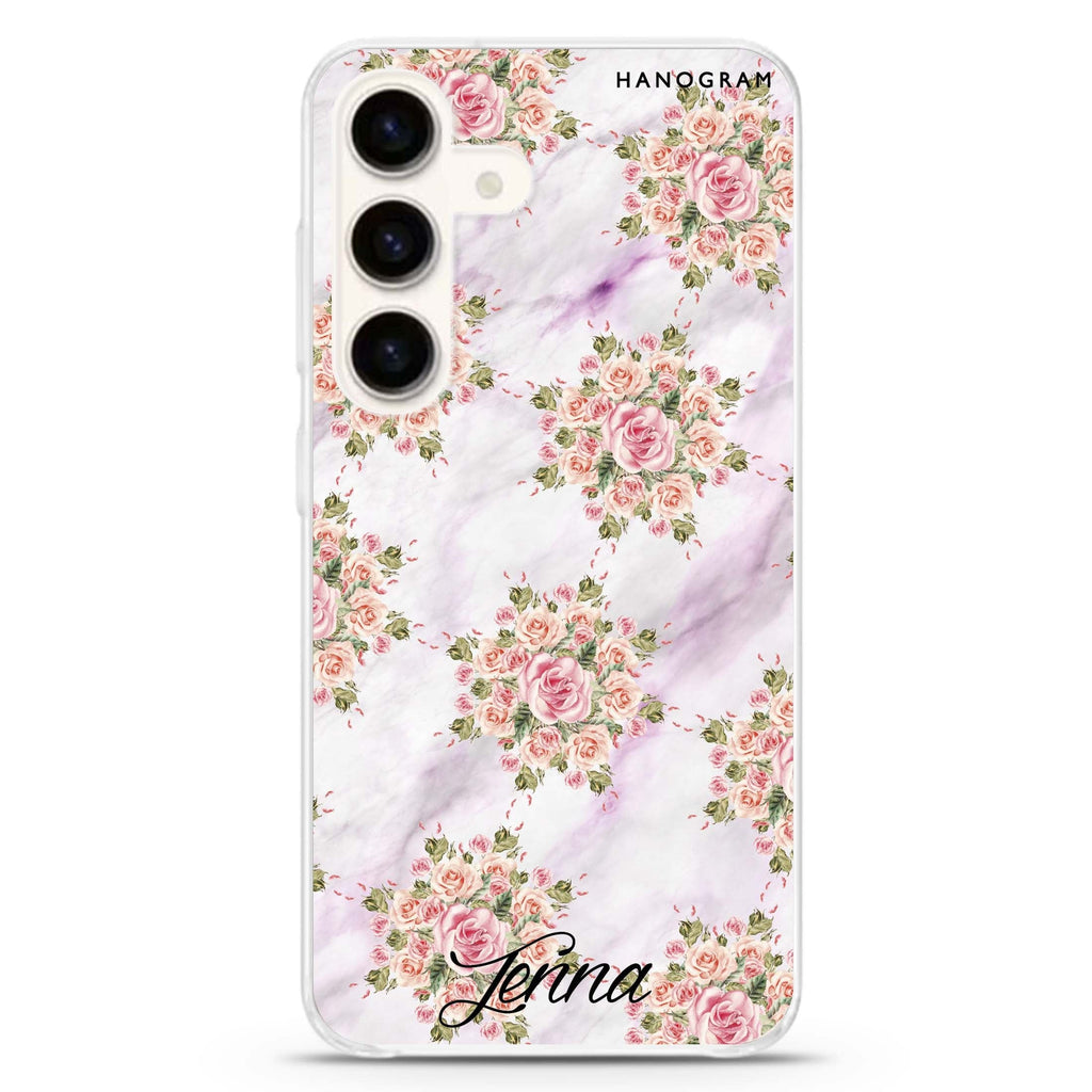 Floral & White Marble Samsung Galaxy S26/S25/S24 可加名字水晶透明保護殼正面展示