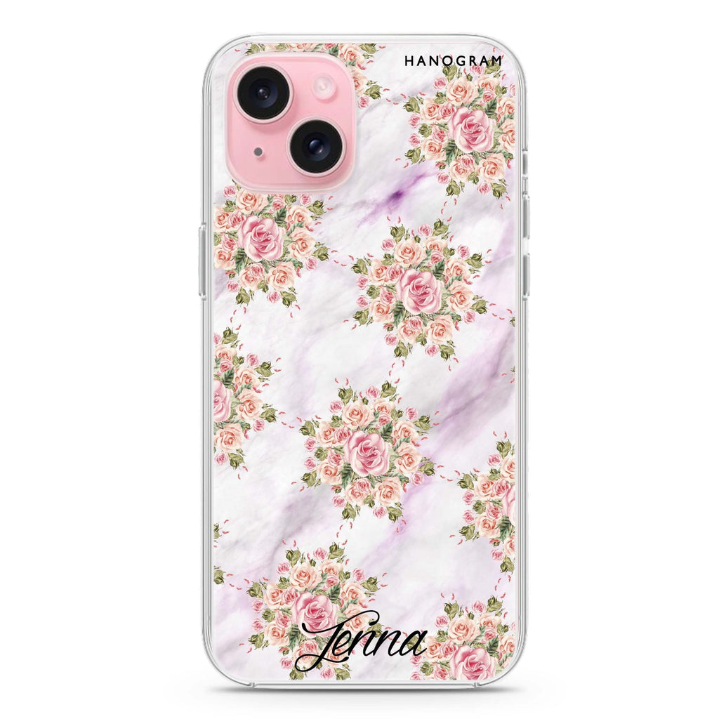 Floral & White Marble iPhone 15 Magsafe 兼容水晶透明保護殼