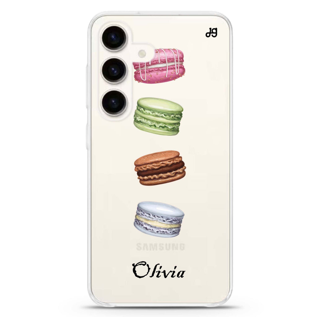 Delicious Macarons Samsung Galaxy S26/S25/S24 可加名字水晶透明保護殼正面展示