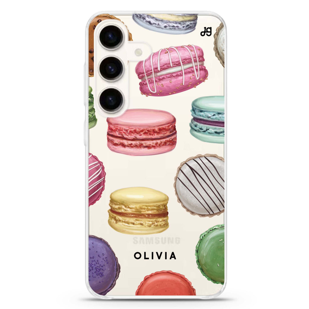 Macarons Land Samsung Galaxy S26/S25/S24 可加名字水晶透明保護殼正面展示