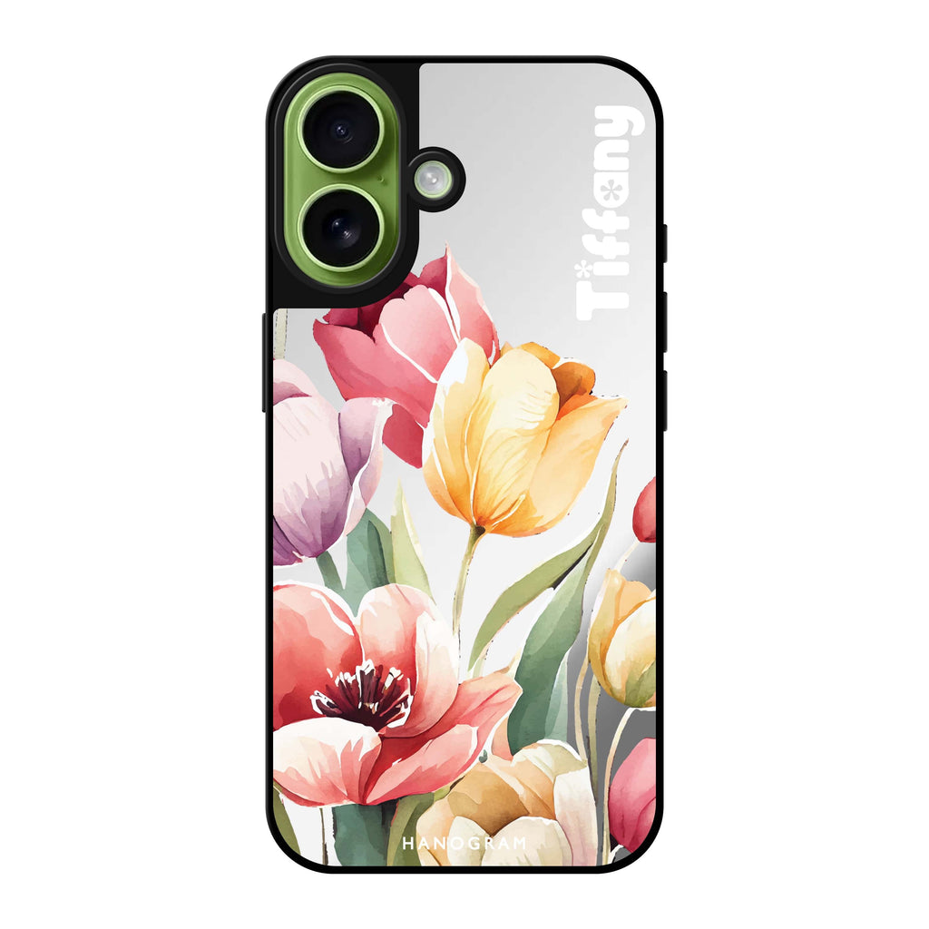Reflective iPhone 16 Mirror Case –Watercolor tulip Design