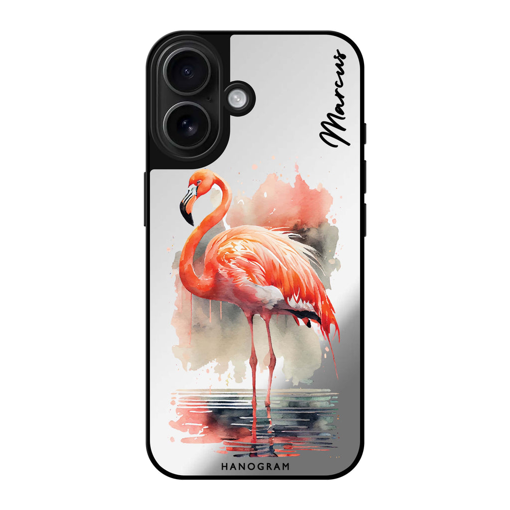 Reflective iPhone 16 Mirror Case –Flamingo in water Design