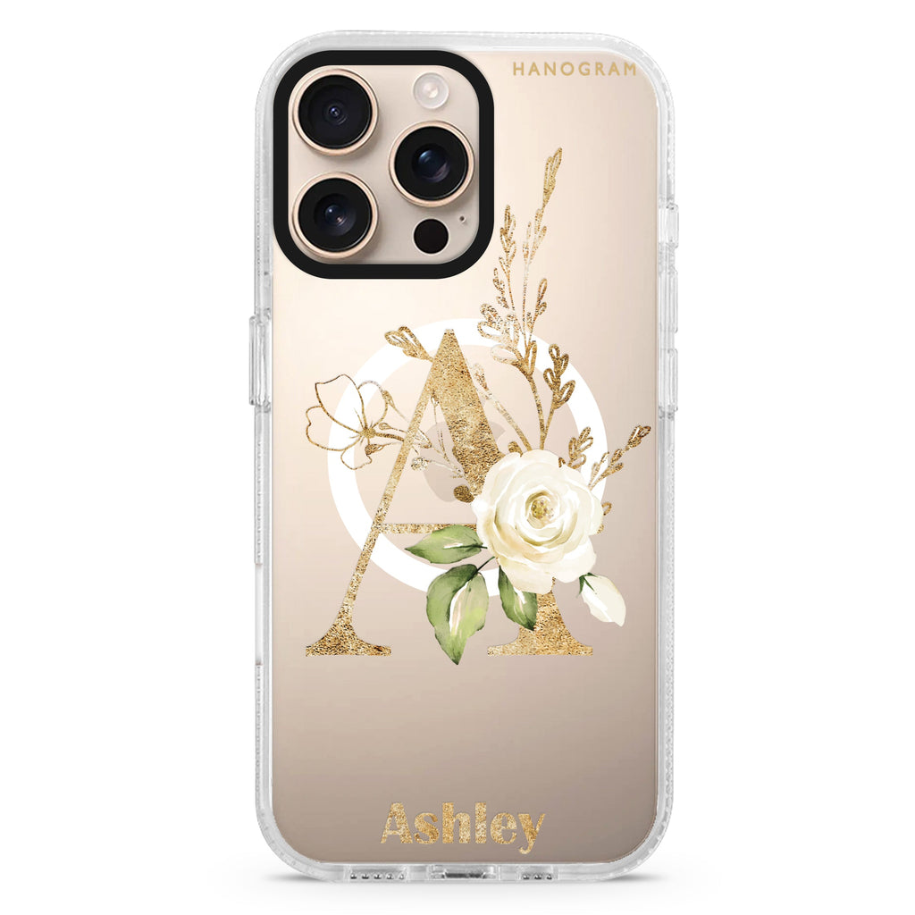 Golden Floral Monogram Magsafe 兼容水晶透明保護殼