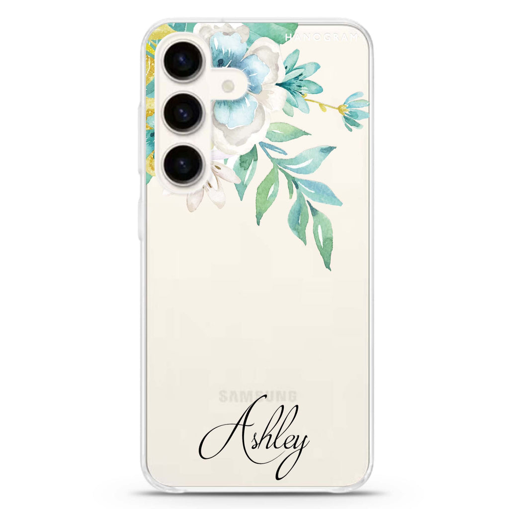Watercolor Flowers Samsung Galaxy S26/S25/S24 可加名字水晶透明保護殼正面展示